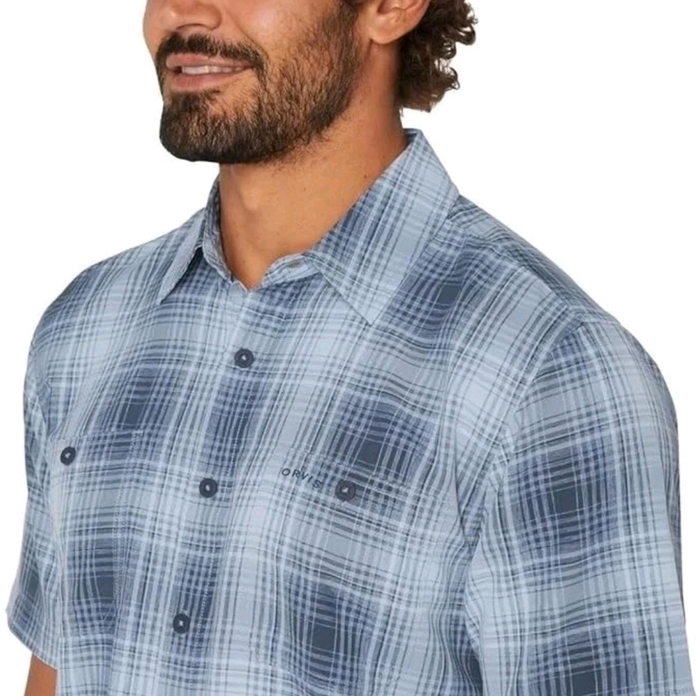 Orvis Mens Tech Shirt Blue Plaid Short Slv Fishing Perform UPF 30+ Quick Dry XXL